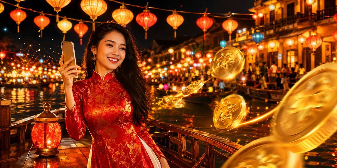 Người phụ nữ mặc áo dài dùng điện thoại chơi casino tại Hội An